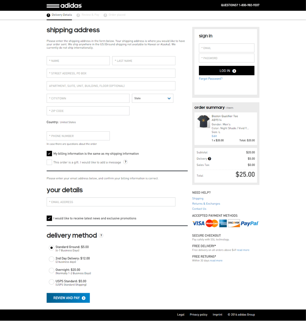 the image shows how Adidas fit their entire e-commerce checkout process to a single page