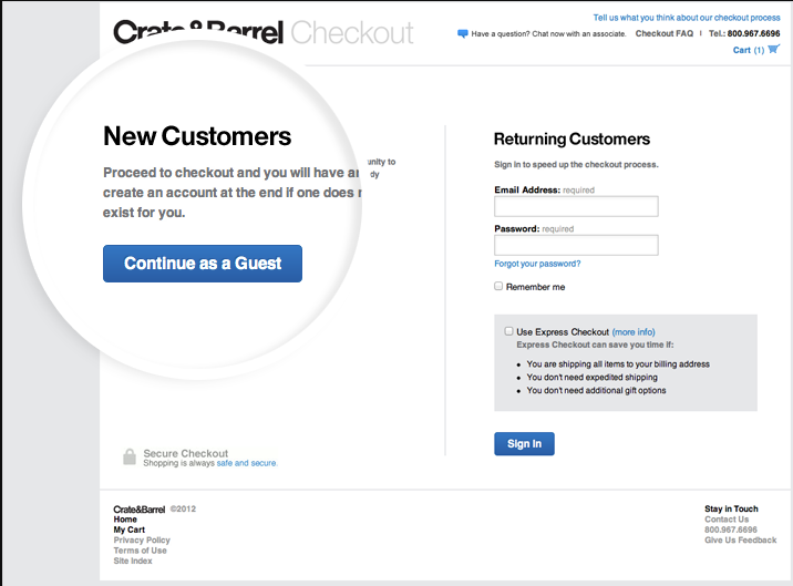 The image shows how company Crate&Barrel allows guest e-commerce checkout