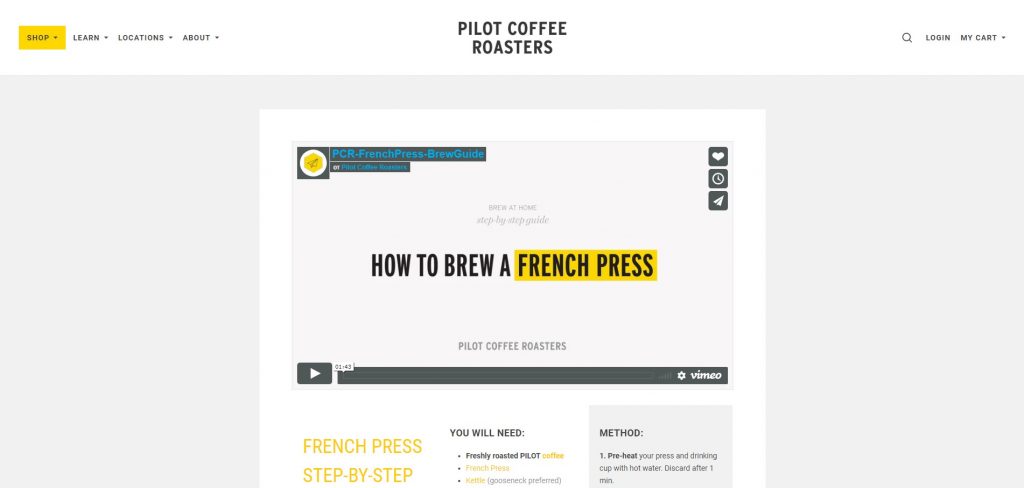 a demonstration of educational content on Pilot Coffee Roasters website