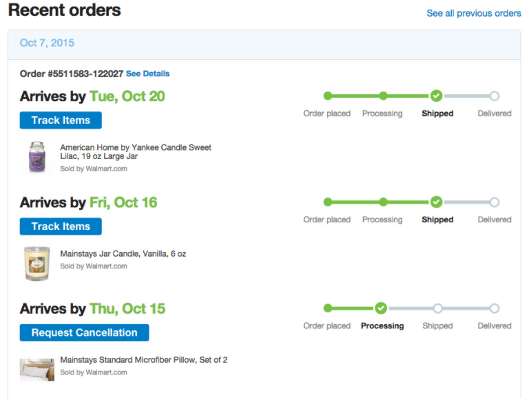 the screenshot shows the list of recent orders as an important part of a good account page UX design
