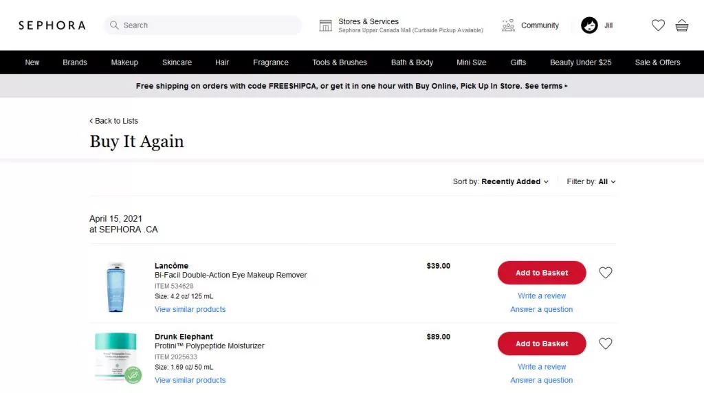 the screenshot shows buy it again section as an important part of account page UX design